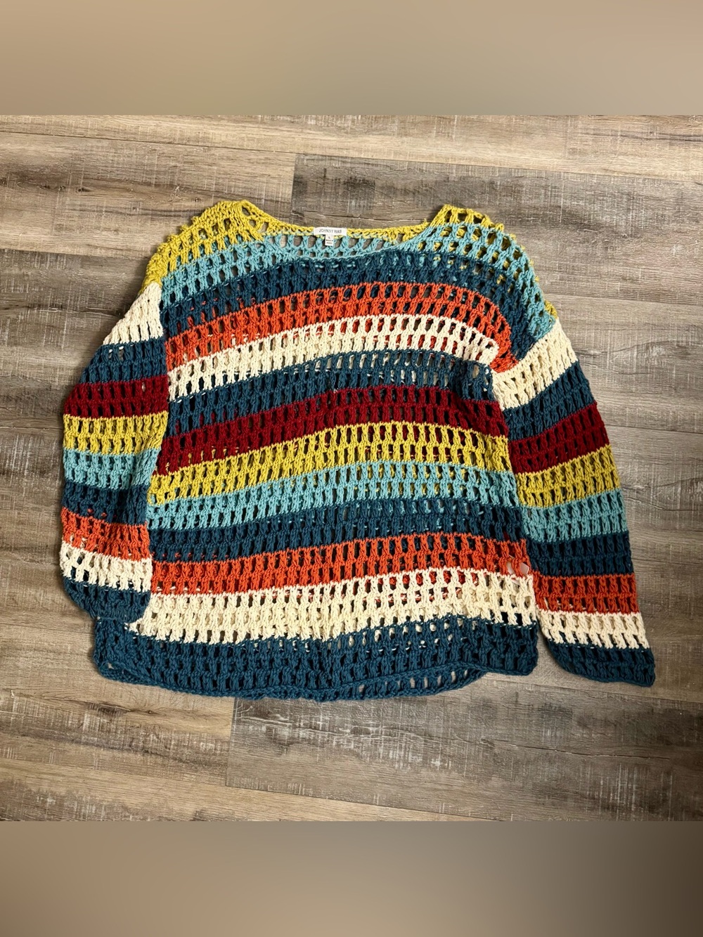 Johnny Was Crochet Open Knit Sweater Striped Boho Relaxed Pullover L